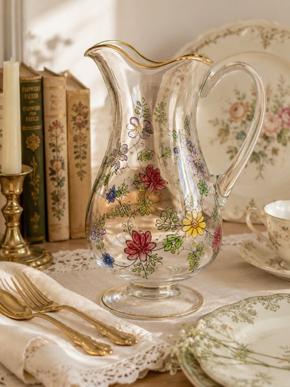 Vintage Hand Painted Floral Glass Pitcher Gold Gilt Trim Cottagecore Decor Vase